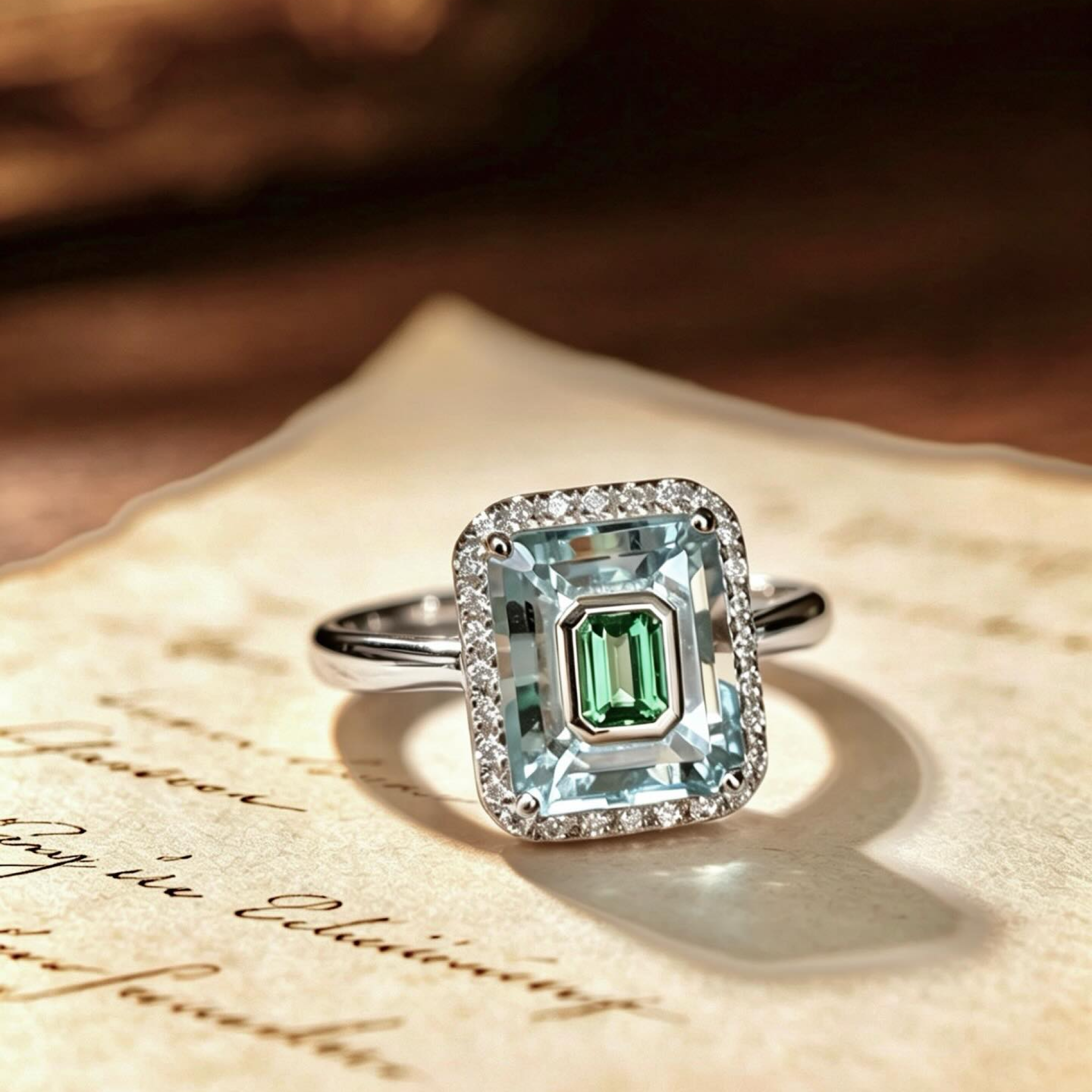 Emerald-Cut Aquamarine & Lab Emerald Halo Engagement Ring with Diamond Pavé Border