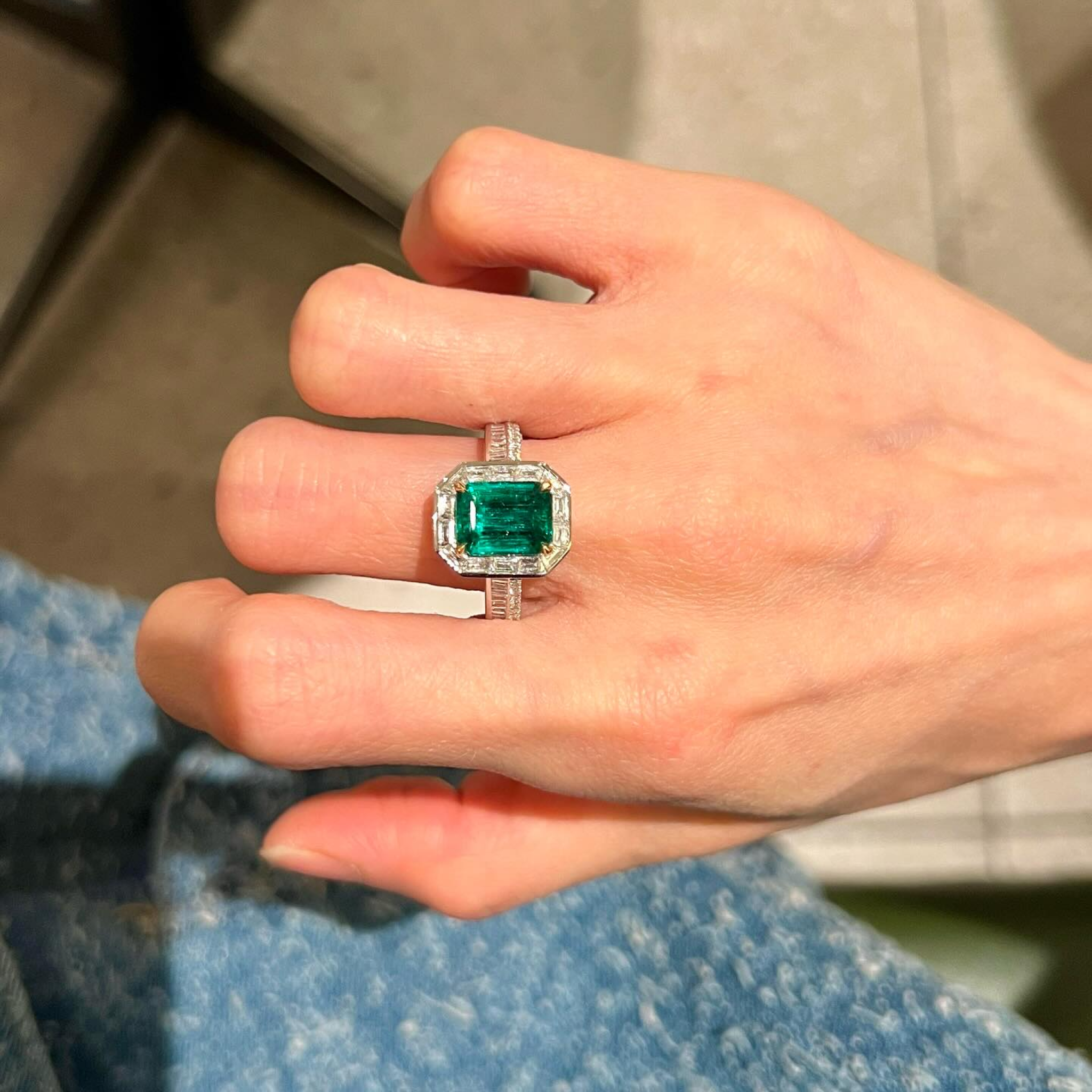 Emerald Cut Emerald & Baguette Diamond Halo Ring | Art Deco Engagement Ring