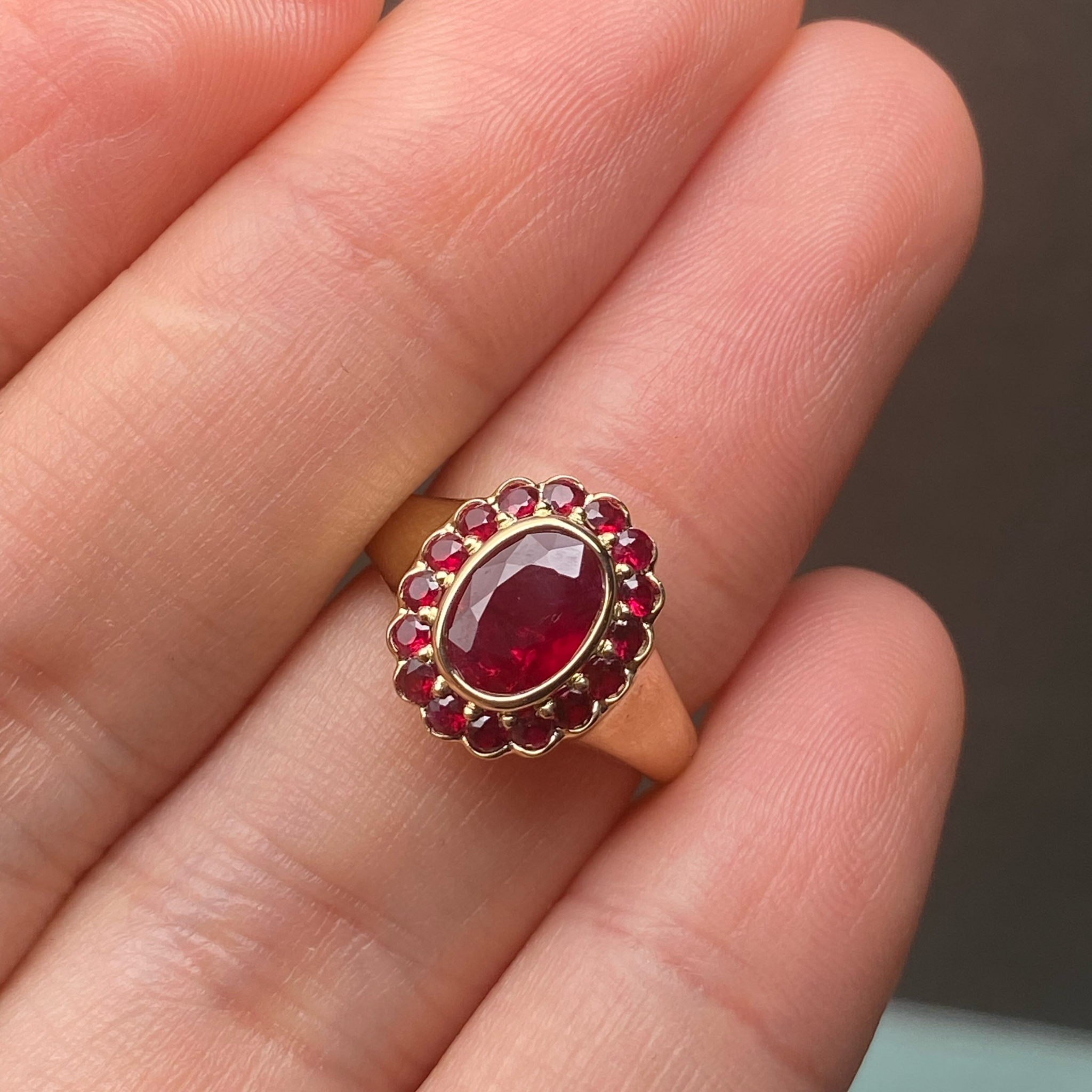1 CT Oval Red Ruby Halo Ring in Yellow Gold | Vintage Ruby Statement Ring