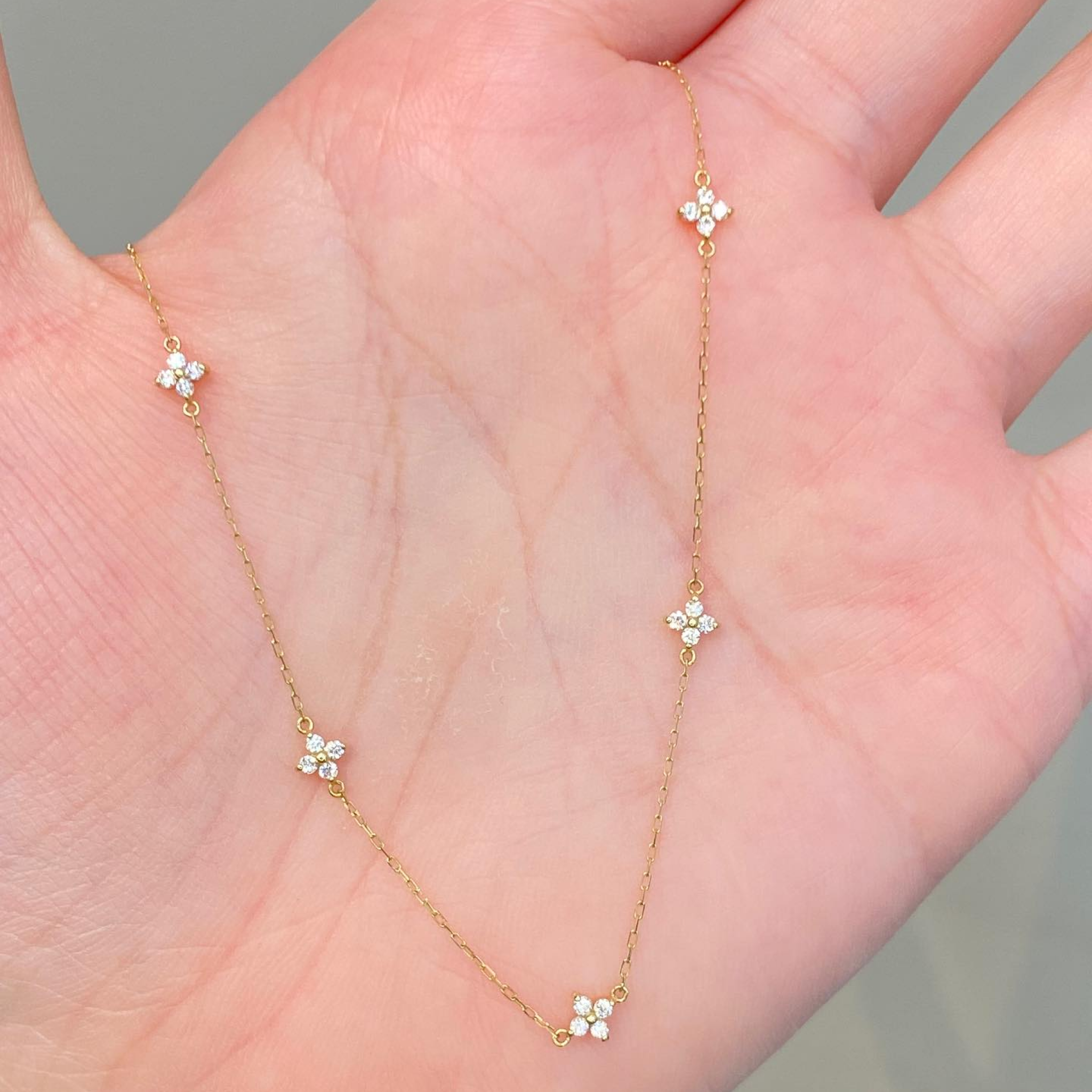 Dainty Diamond Flower Station Necklace | 14K Gold Floral Diamond Chain | Minimalist Everyday Layering Jewelry
