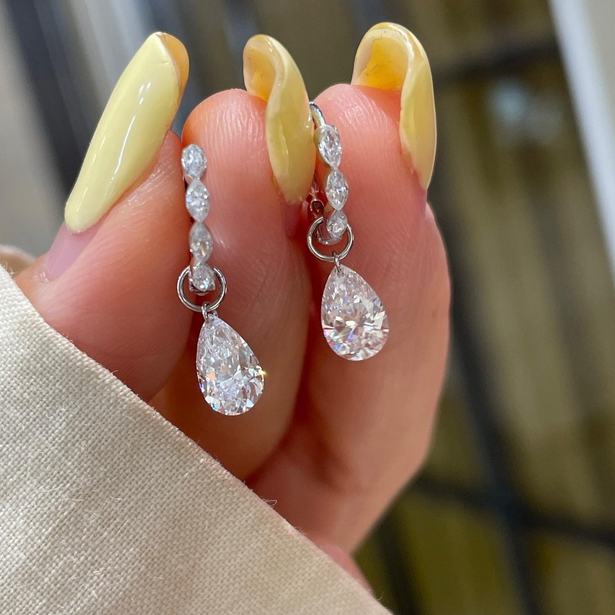 Pear Drop Lab Grown Diamond Hoop Earrings | Diamond Huggie Dangle Earrings