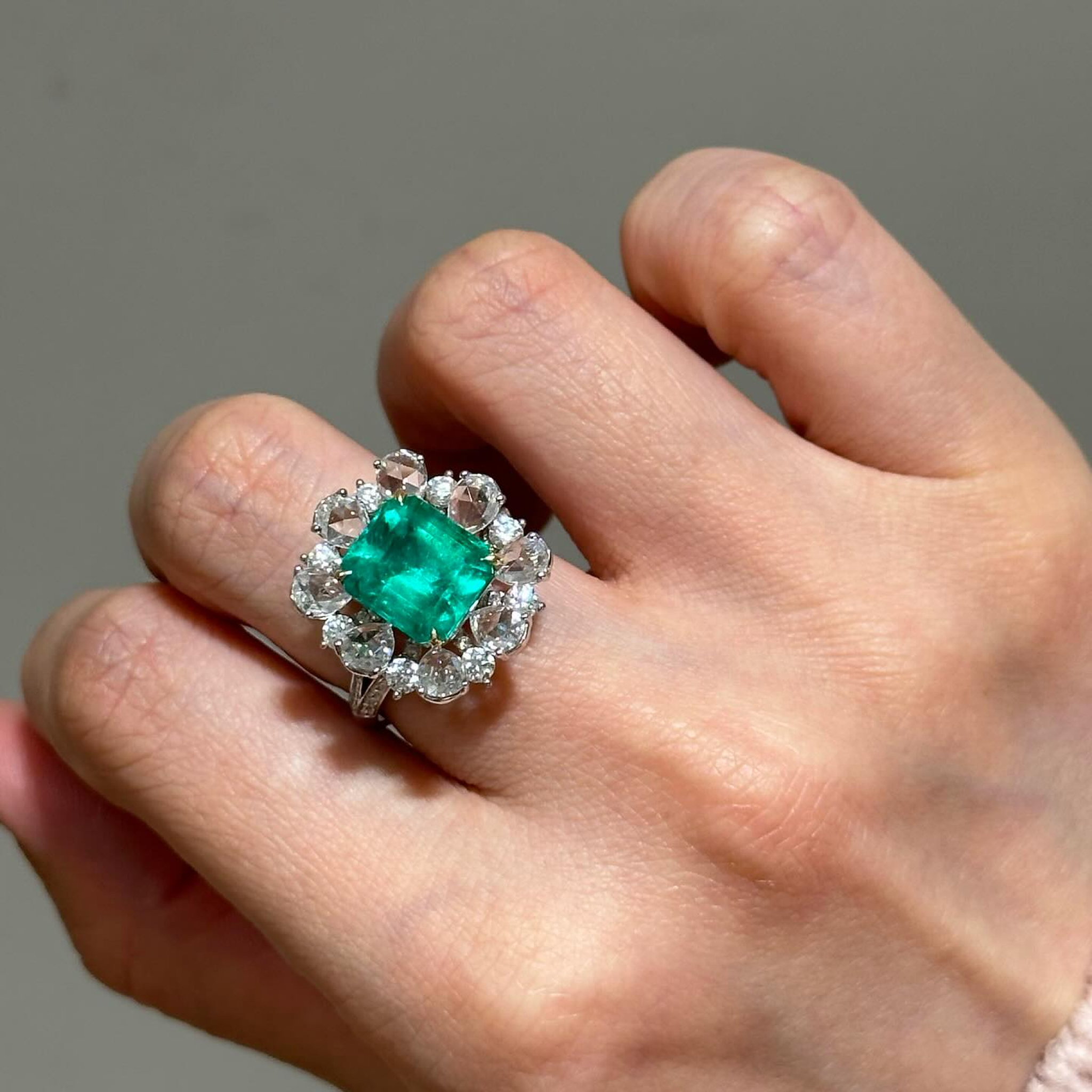 2 CT Green Emerald Cut Lab Grown Diamond Ring | Vintage Floral Halo Engagement Ring | Split Shank Diamond Bridal Ring
