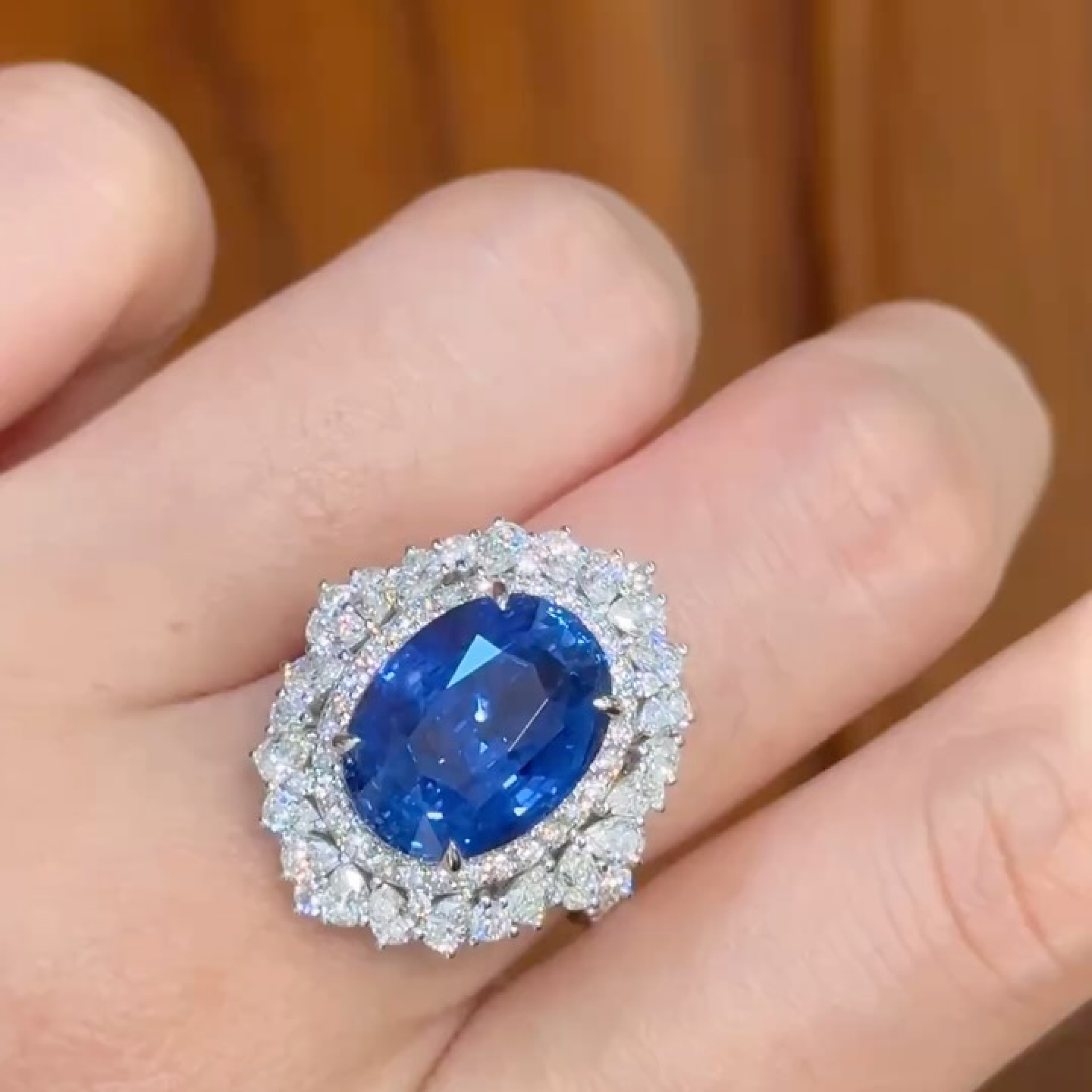 Oval Blue Sapphire & Diamond Double Halo Ring | Vintage Cocktail Ring