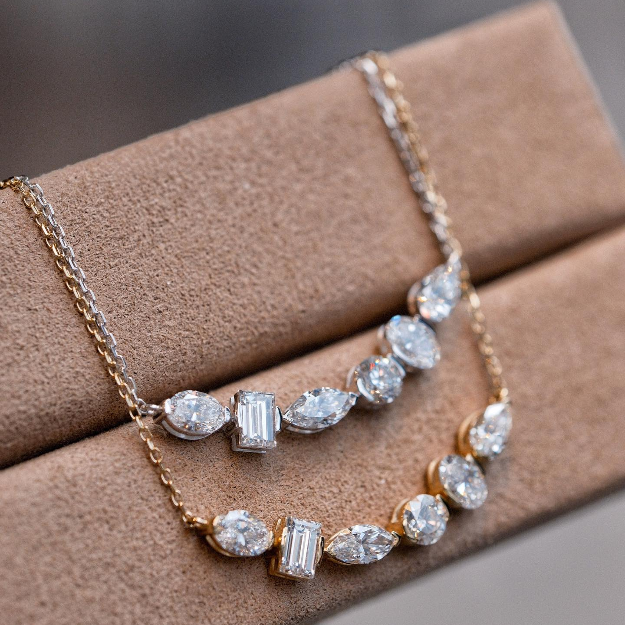Mixed Shape Lab Grown Diamond Bar Necklace | Emerald, Marquise, Oval, Round & Pear Cut Diamonds in 14K Solid Gold