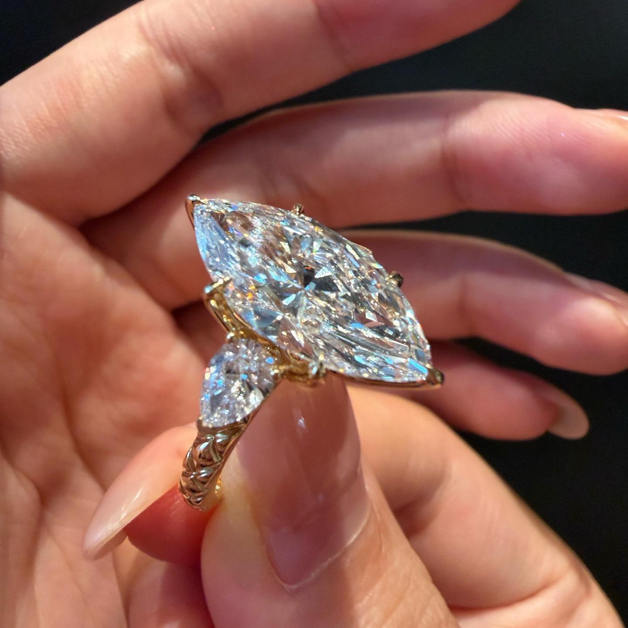 Marquise Lab Grown Diamond Engagement Ring with Pear Side Stones | Three Stone Gold Ring