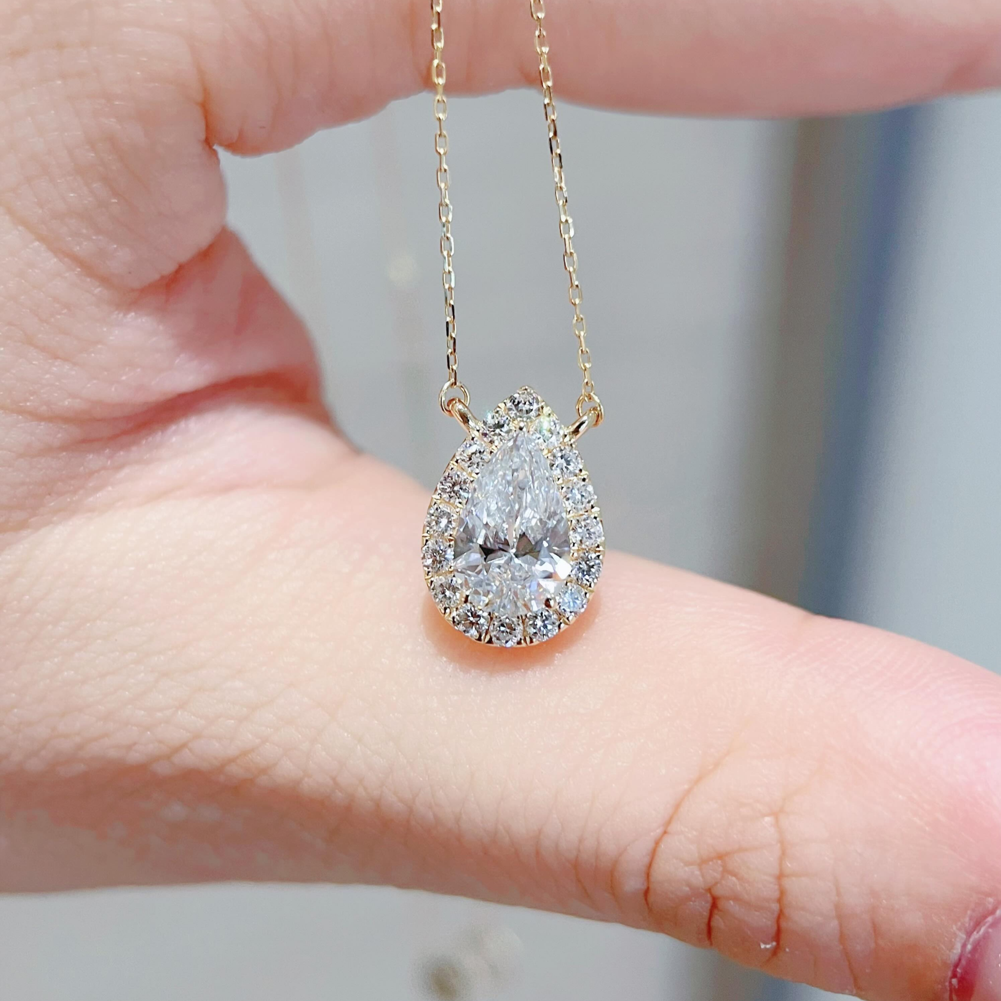 2 CT Pear-Cut Lab Diamond Pendant Necklace with Round Diamond Halo