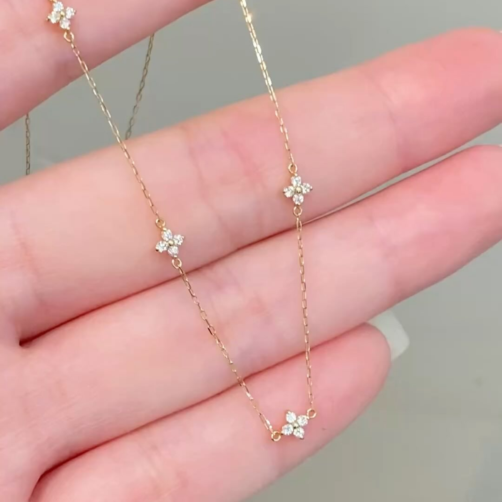 Dainty Diamond Flower Station Necklace | 14K Gold Floral Diamond Chain | Minimalist Everyday Layering Jewelry