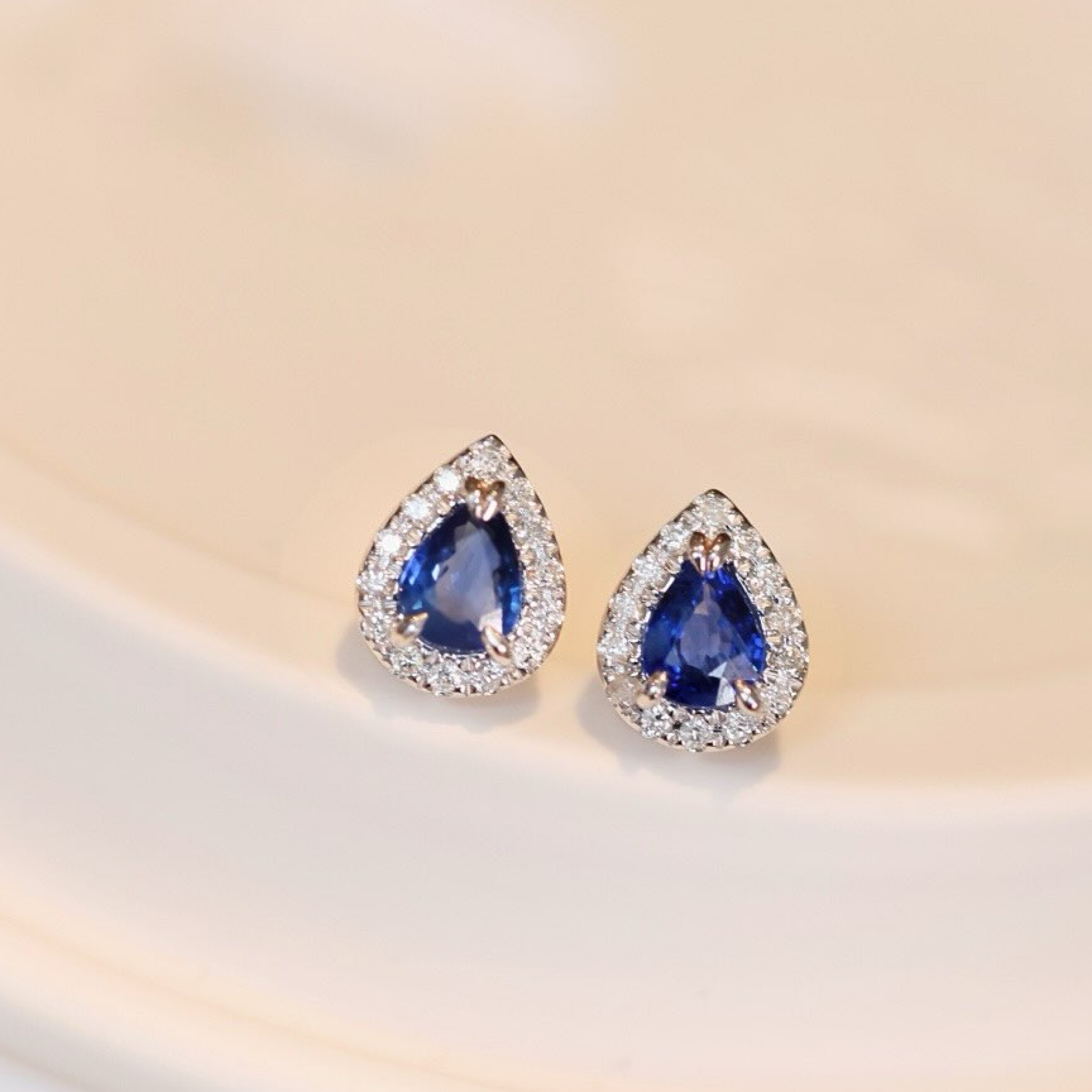 Blue Pear-Cut Sapphire Diamond Halo Stud Earrings