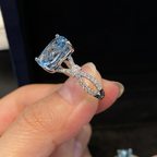 Light Blue Cushion Cut Engagement Ring | Twisted Pavé Diamond Band | White Gold Solitaire Ring