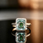 Emerald-Cut Aquamarine & Lab Emerald Halo Engagement Ring with Diamond Pavé Border