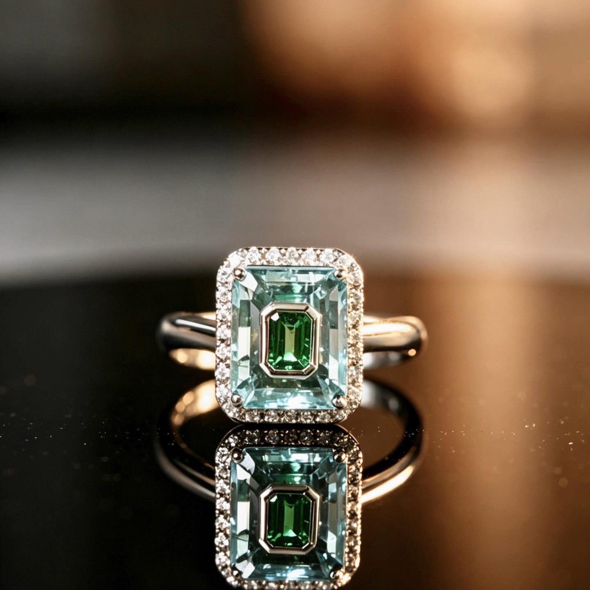 Emerald-Cut Aquamarine & Lab Emerald Halo Engagement Ring with Diamond Pavé Border
