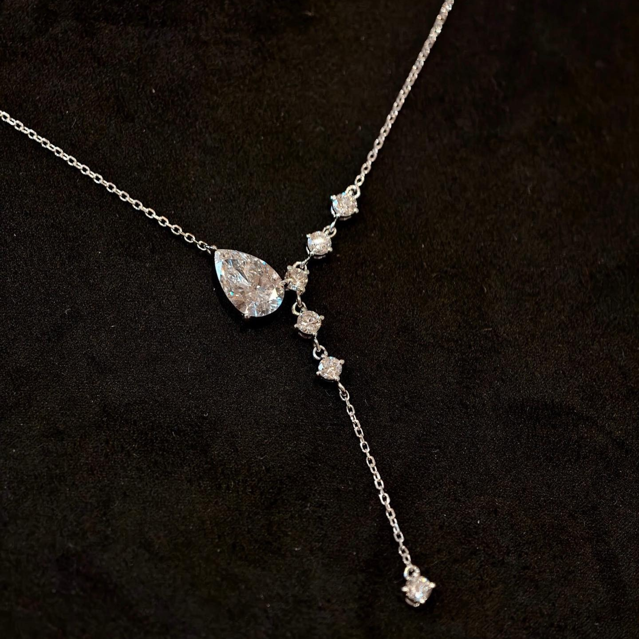 Pear Cut Lab Grown Diamond Y Drop Necklace | Round Diamond Lariat Pendant | 14K White Gold Bridal Necklace