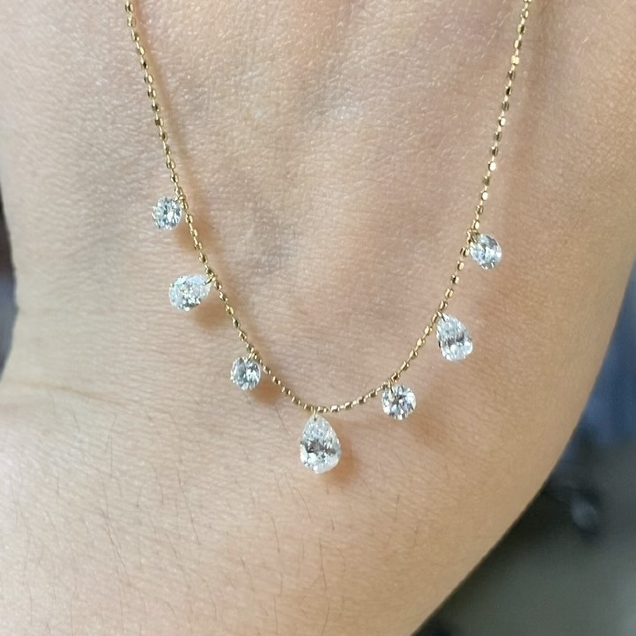 1 CT Floating Lab Grown Diamond Station Necklace | Round & Pear Diamond Dangle Necklace | 14K Gold Fine Jewelry