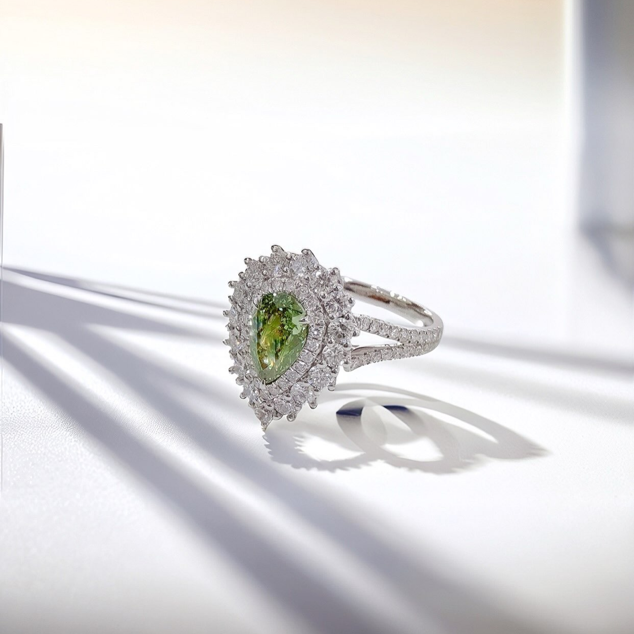 2 CT Fancy Green Pear Cut Lab Grown Diamond Ring | Double Halo Split Shank Pavé Engagement Ring