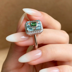 Emerald-Cut Aquamarine & Lab Emerald Halo Engagement Ring with Diamond Pavé Border