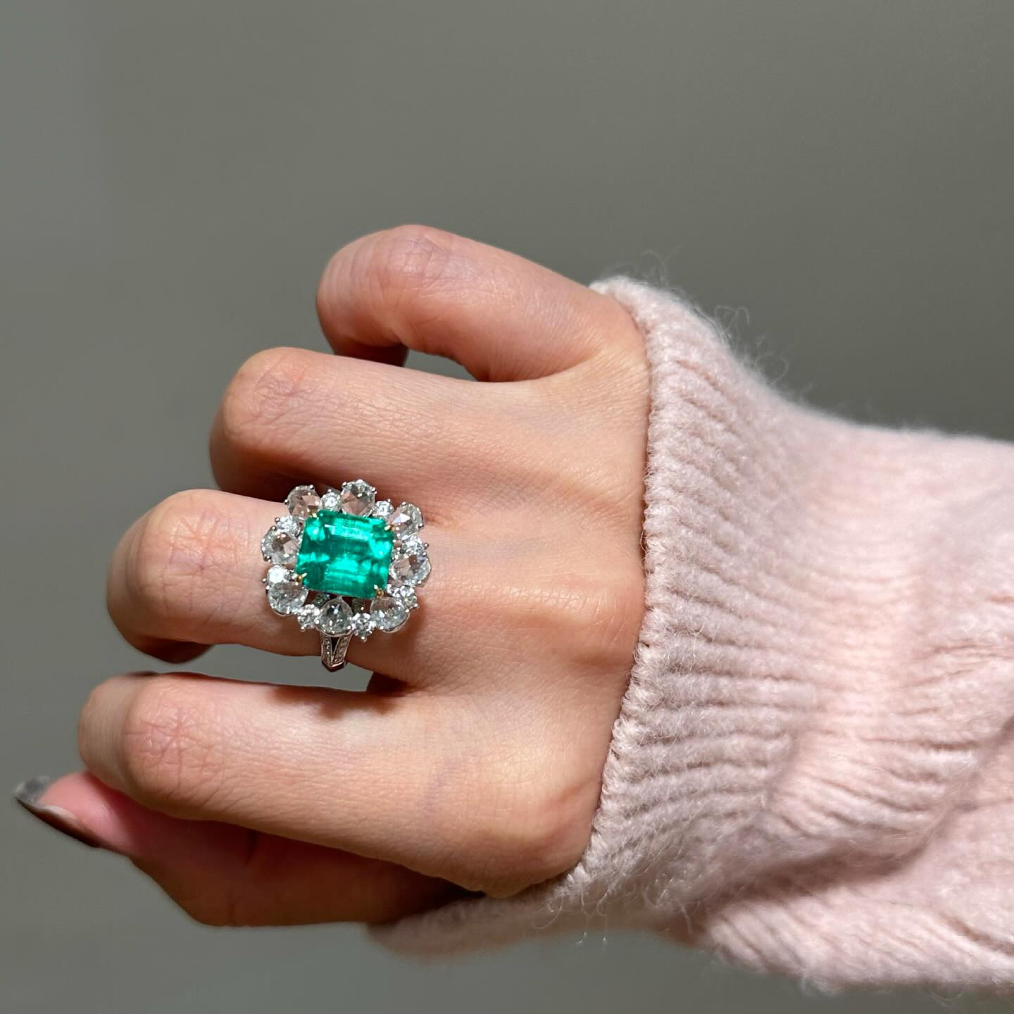 2 CT Green Emerald Cut Lab Grown Diamond Ring | Vintage Floral Halo Engagement Ring | Split Shank Diamond Bridal Ring