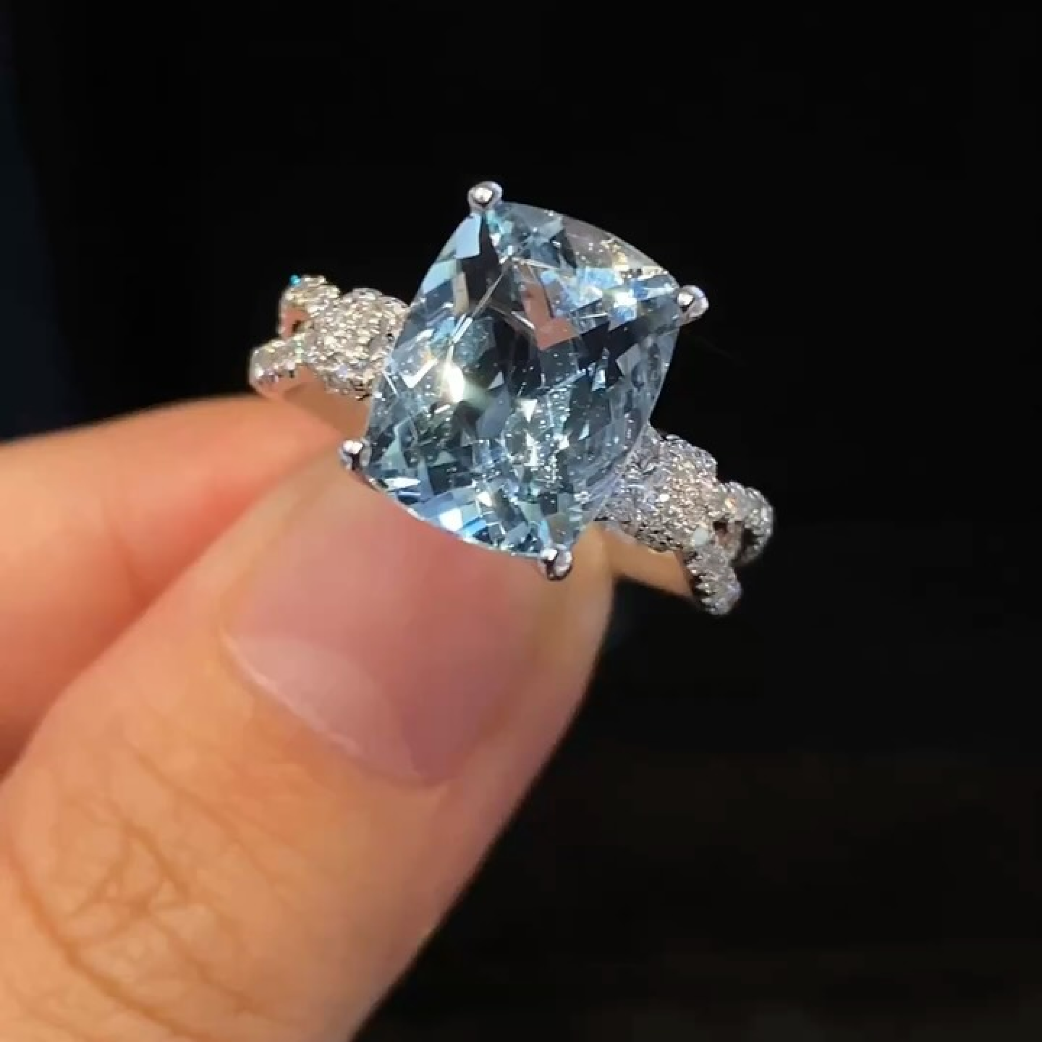 Light Blue Cushion Cut Engagement Ring | Twisted Pavé Diamond Band | White Gold Solitaire Ring