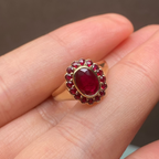 1 CT Oval Red Ruby Halo Ring in Yellow Gold | Vintage Ruby Statement Ring
