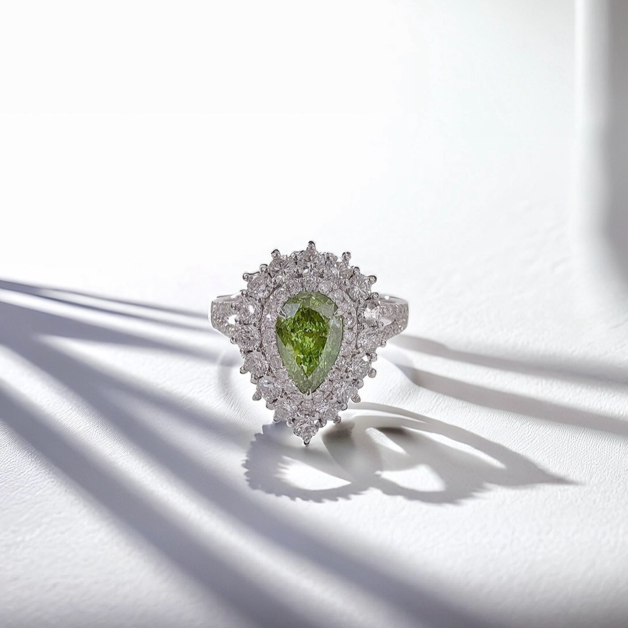 2 CT Fancy Green Pear Cut Lab Grown Diamond Ring | Double Halo Split Shank Pavé Engagement Ring