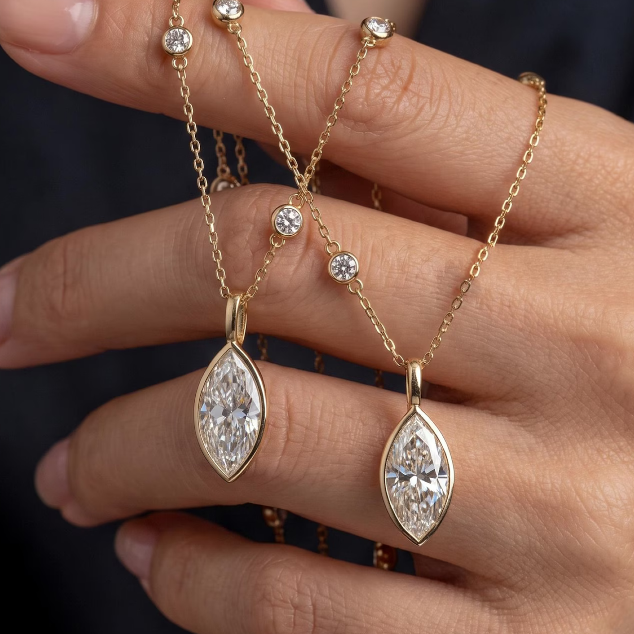 Marquise Cut Lab Grown Diamond Pendant Necklace | Bezel Set Gold Pendant
