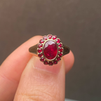 1 CT Oval Red Ruby Halo Ring in Yellow Gold | Vintage Ruby Statement Ring