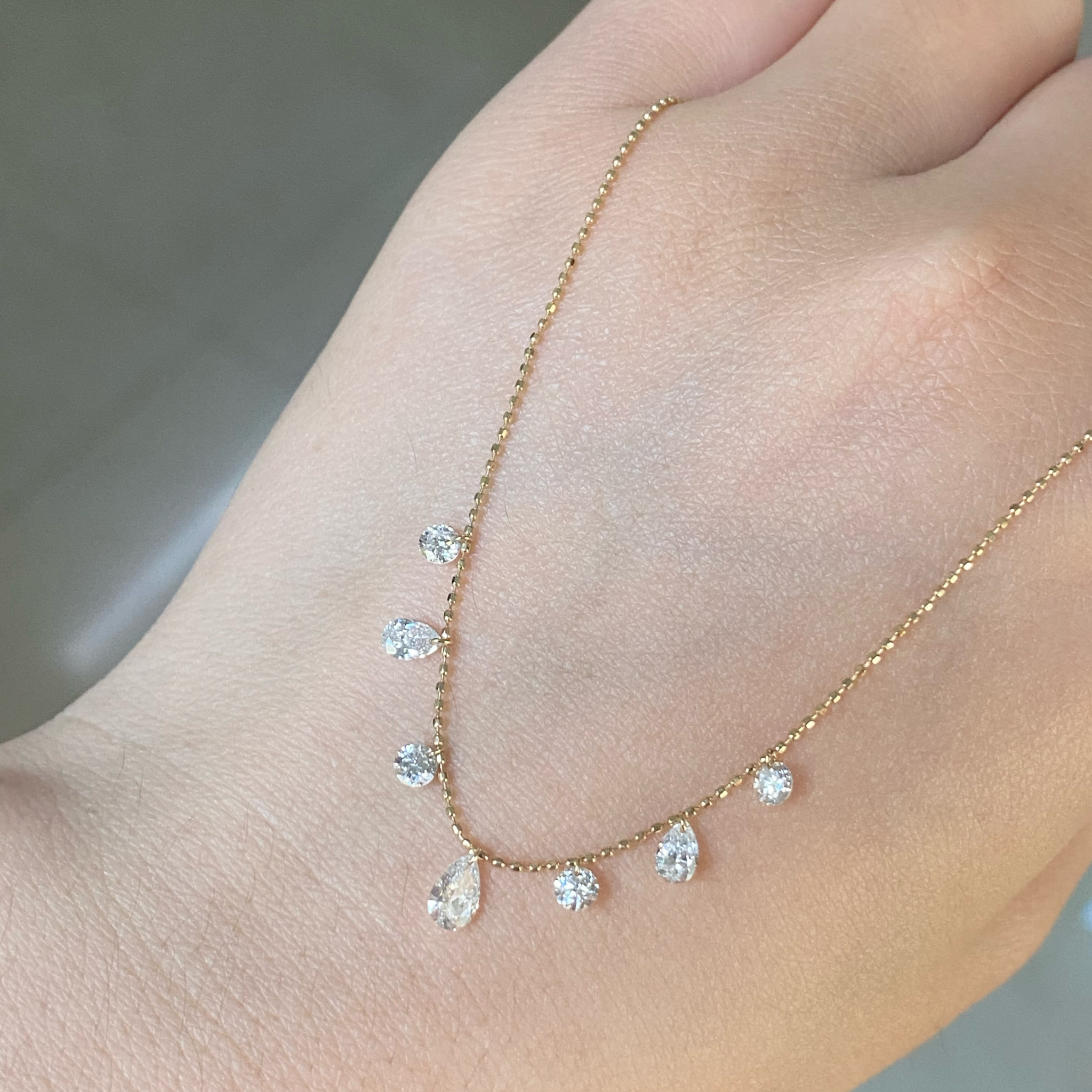 1 CT Floating Lab Grown Diamond Station Necklace | Round & Pear Diamond Dangle Necklace | 14K Gold Fine Jewelry