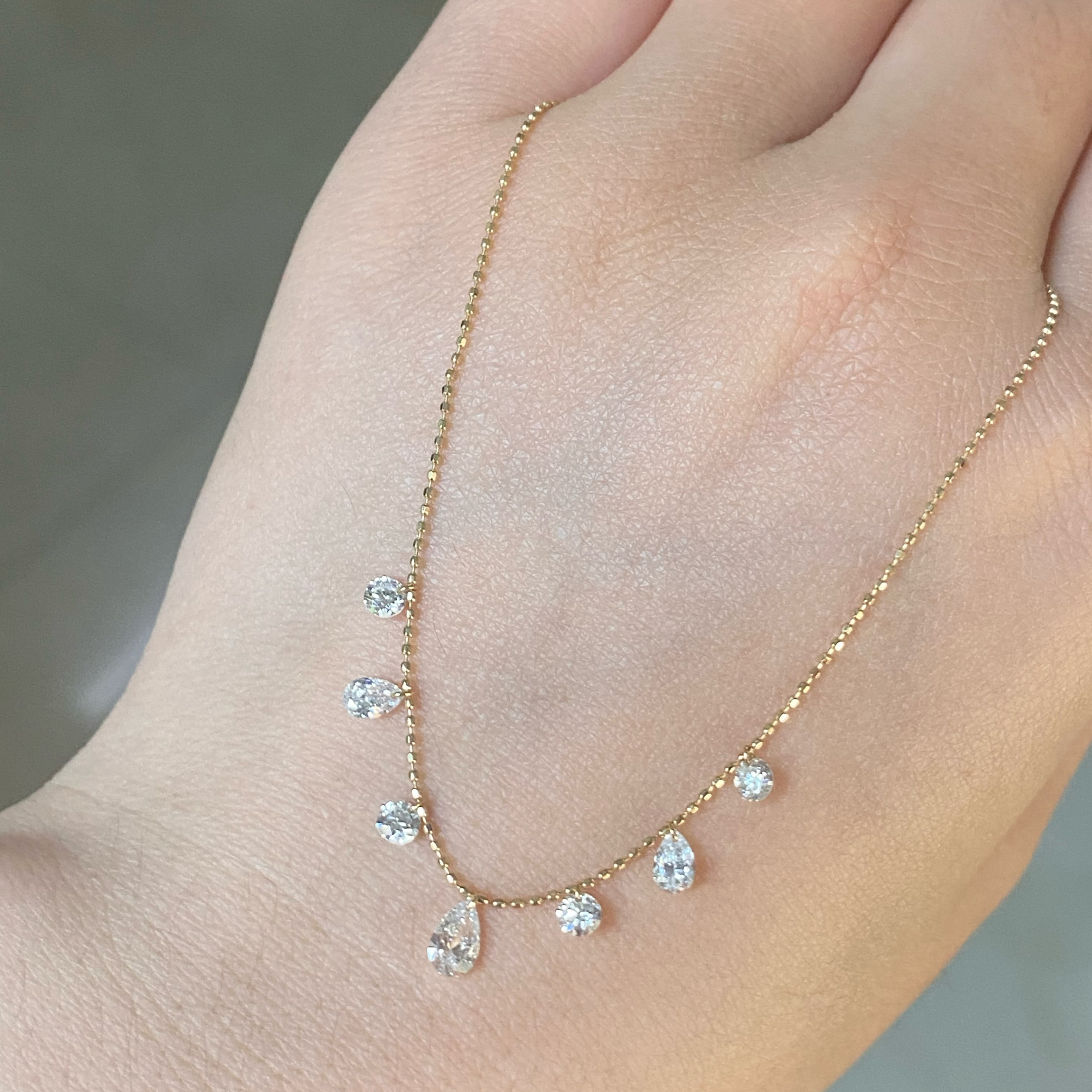 1 CT Floating Lab Grown Diamond Station Necklace | Round & Pear Diamond Dangle Necklace | 14K Gold Fine Jewelry
