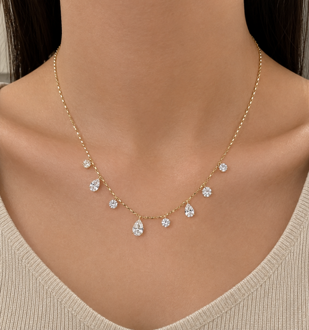 1 CT Floating Lab Grown Diamond Station Necklace | Round & Pear Diamond Dangle Necklace | 14K Gold Fine Jewelry