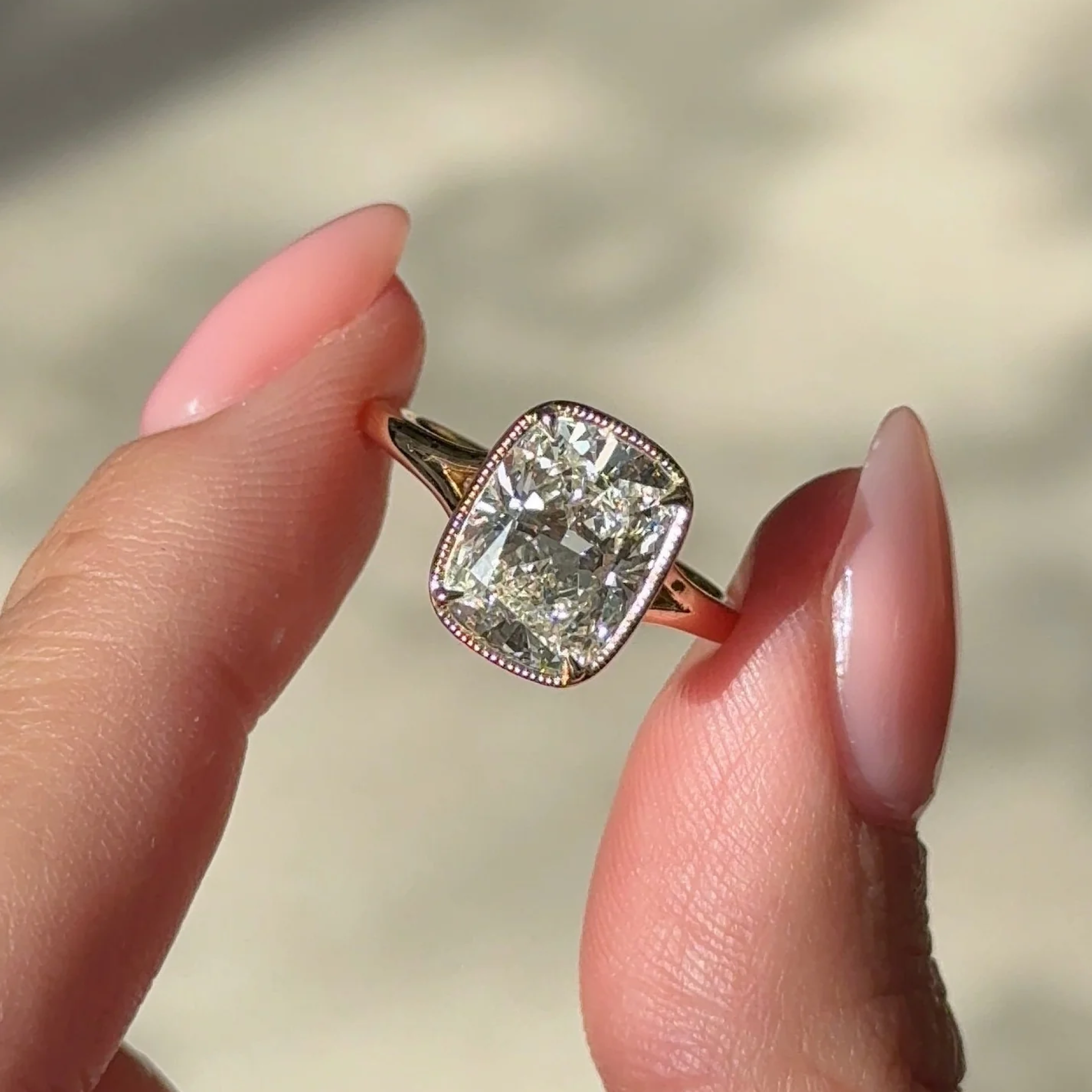 3 carats Elongated Cushion cut Tapered band with slim bezel ring