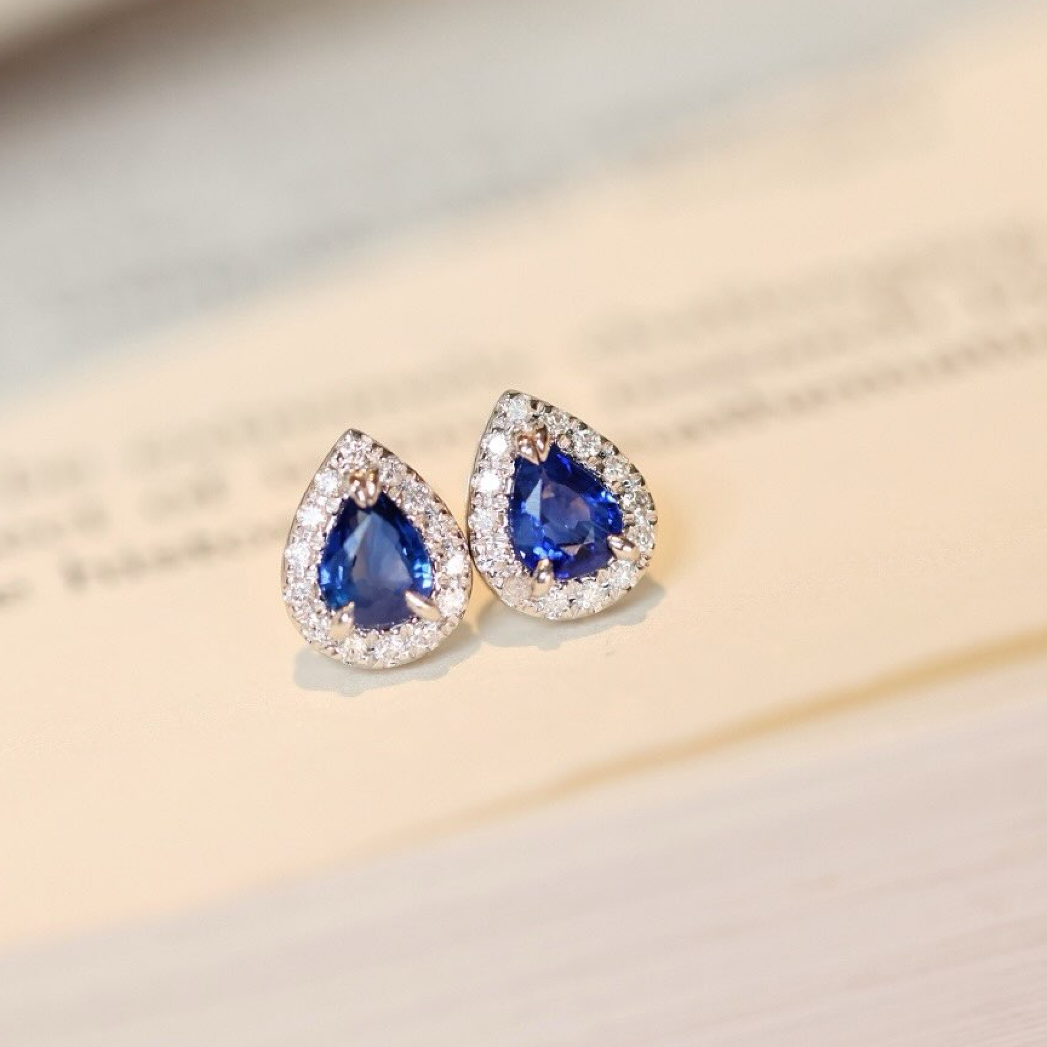 Blue Pear-Cut Sapphire Diamond Halo Stud Earrings