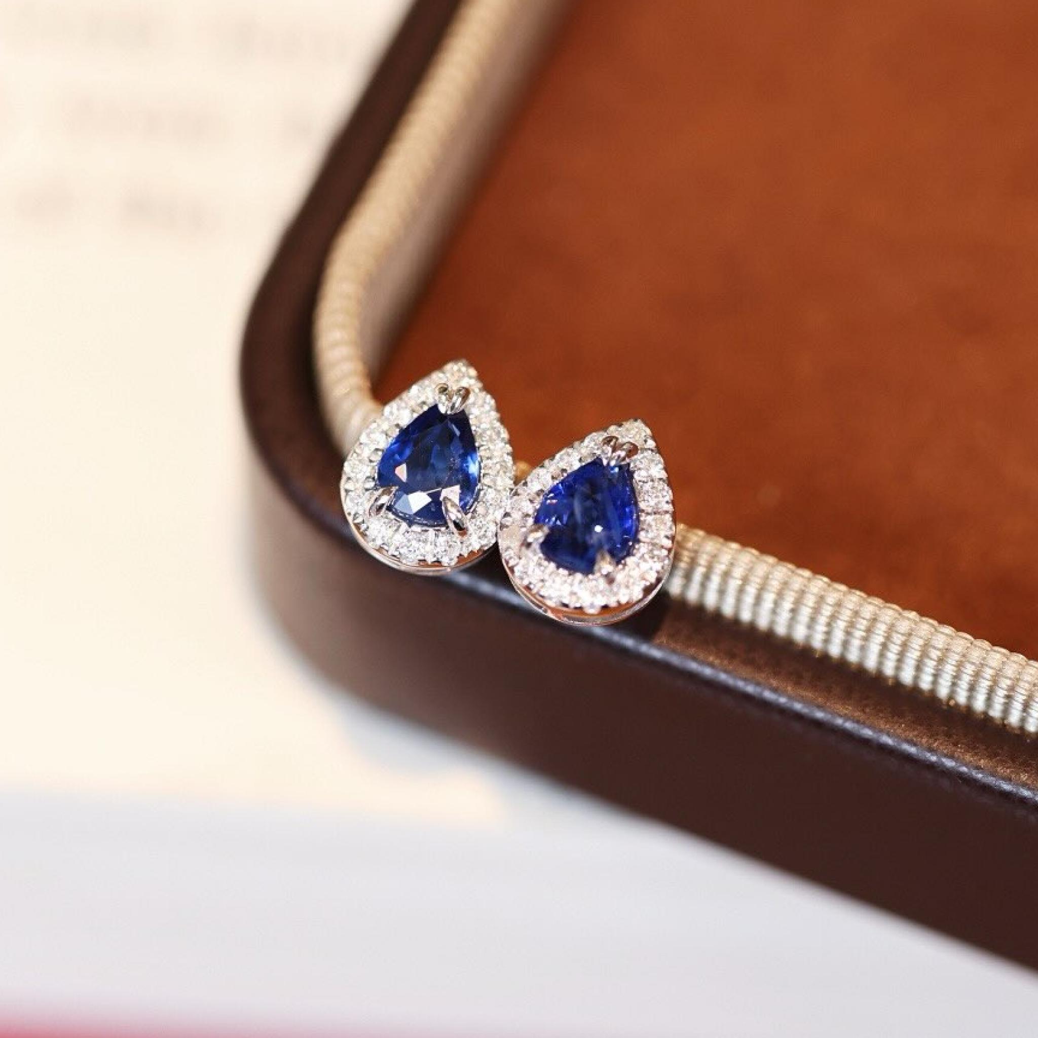 Blue Pear-Cut Sapphire Diamond Halo Stud Earrings