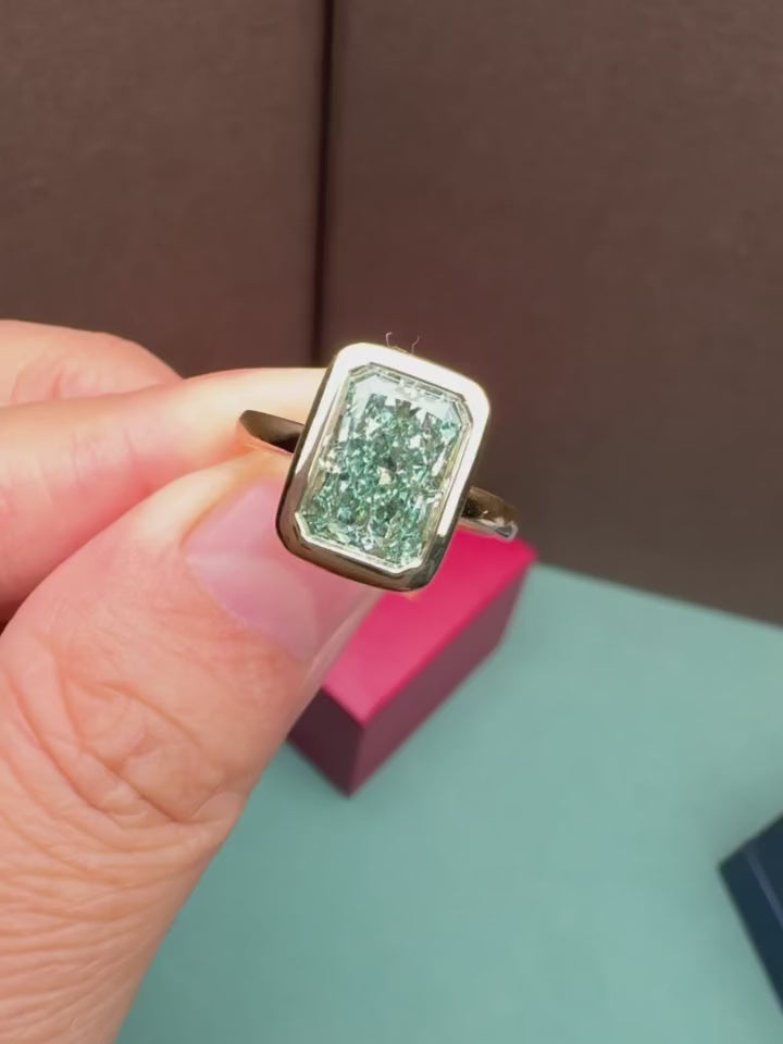 Radiant Cut Green Lab Grown Diamond Bezel Ring | Fancy Green Solitaire Engagement Ring | 14K Gold