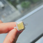 5 CT Fancy Yellow Radiant Cut Lab Grown Diamond Halo Engagement Ring | Hidden Halo Pave Band | 14K Gold