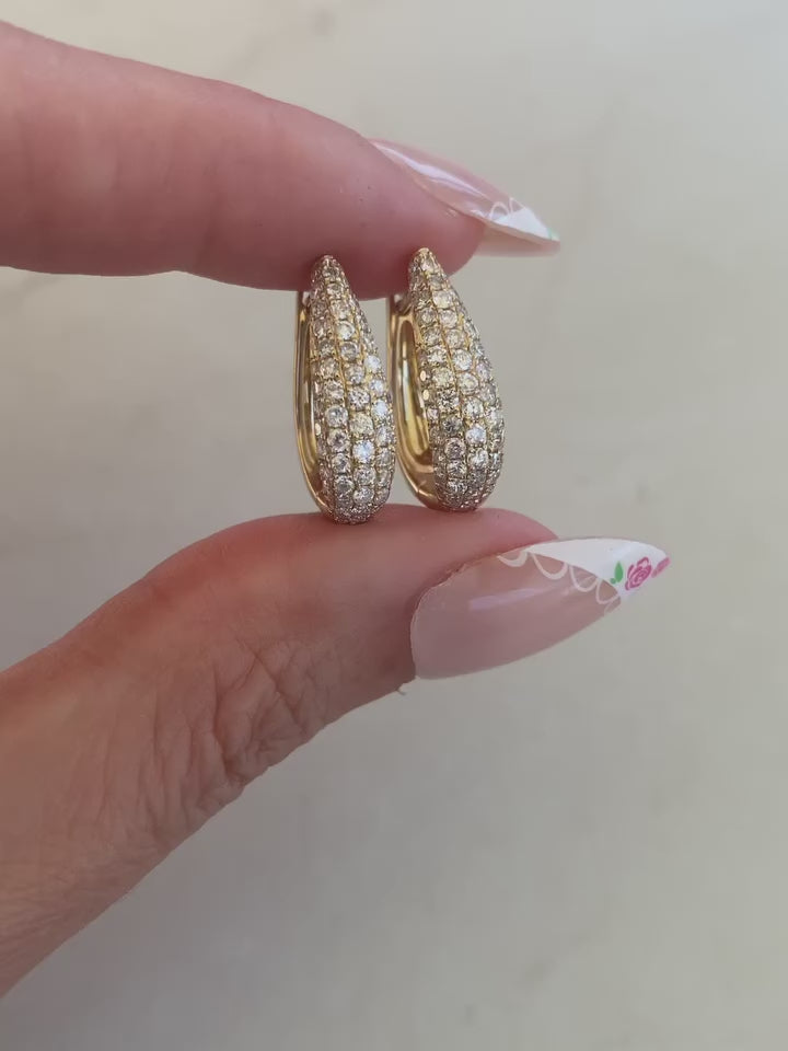 Round Brilliant Natural Diamond Huggie Hoop Earrings with Triple Row Pavé