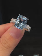Light Blue Cushion Cut Engagement Ring | Twisted Pavé Diamond Band | White Gold Solitaire Ring