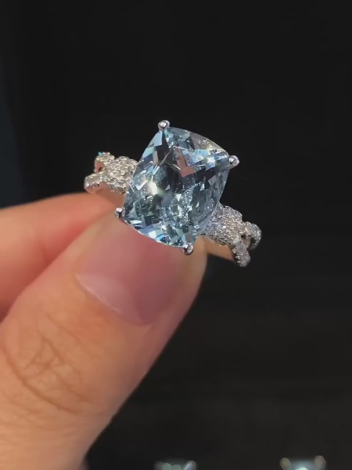 Light Blue Cushion Cut Engagement Ring | Twisted Pavé Diamond Band | White Gold Solitaire Ring