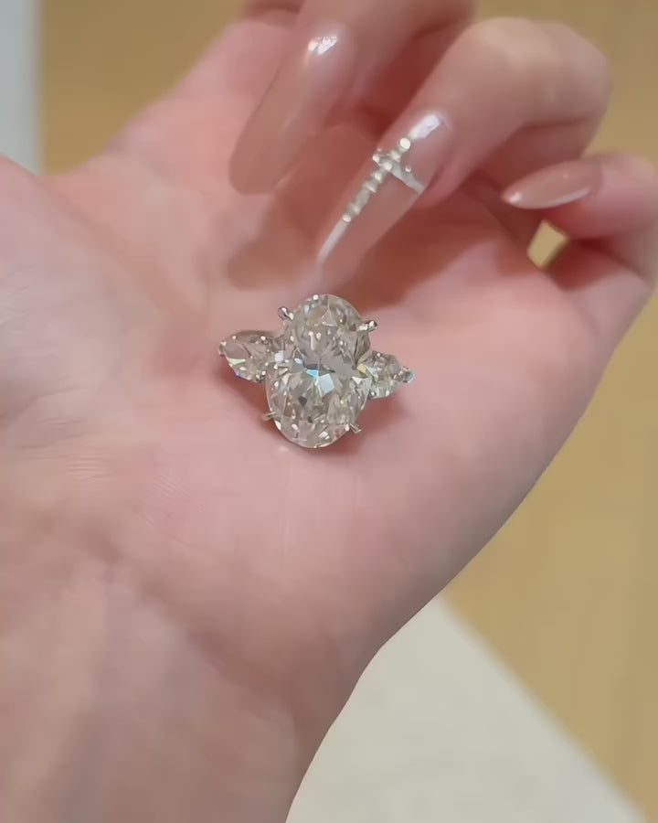 5 CT Oval Lab Grown Diamond Three Stone Engagement Ring | Pear Side Stone Solitaire Ring