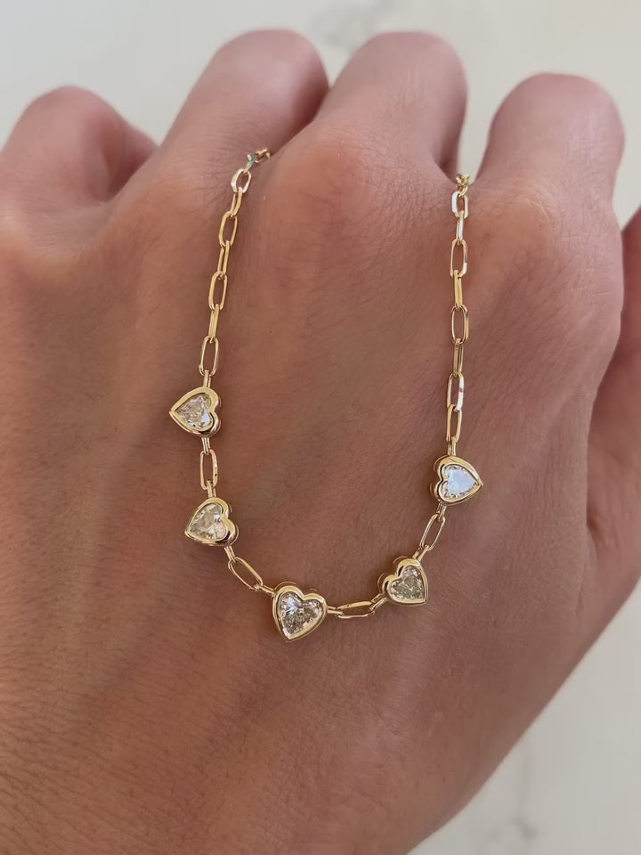 Heart Paperclip Necklace with Bezel Set Lab Grown Diamond Hearts | 14K Solid Gold Dainty Necklace
