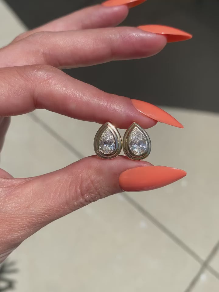 Pear-Shaped Lab Grown Diamond Stud Earrings with Double Bezel Setting