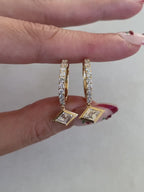 Lozenge Cut Lab Diamond Charm Hoop Earrings | Bezel Set Geometric Diamond Drop Earrings