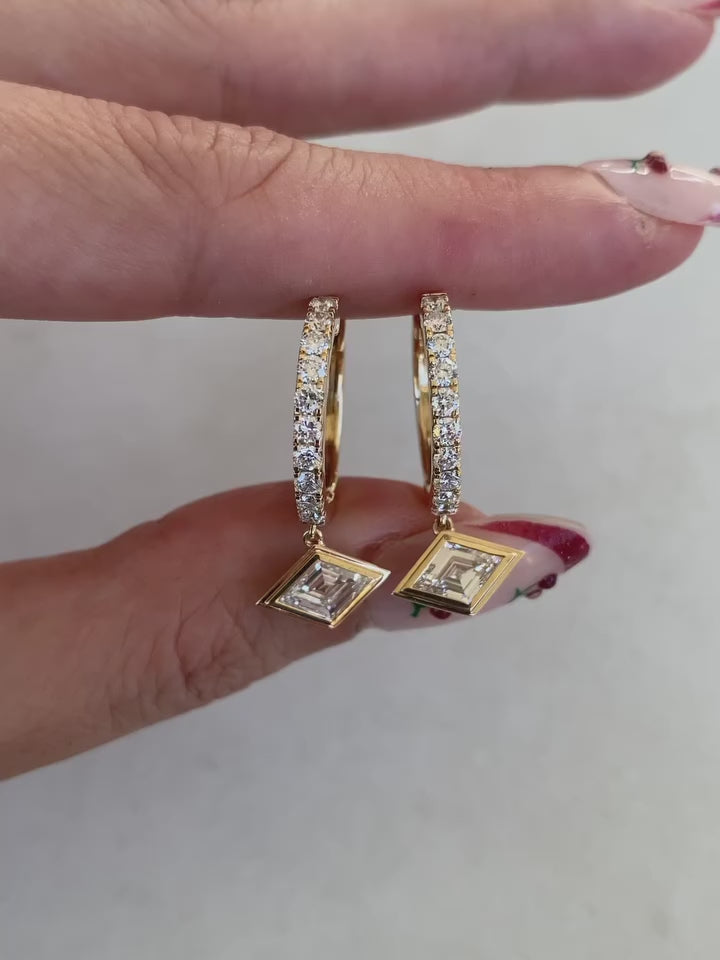 Lozenge Cut Lab Diamond Charm Hoop Earrings | Bezel Set Geometric Diamond Drop Earrings