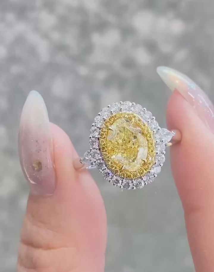 Fancy Yellow Oval Diamond Double Halo Ring | Trillion Side Stone Engagement Ring