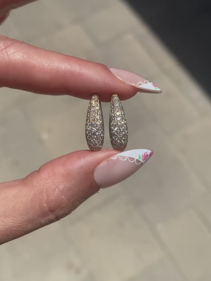 Round Brilliant Natural Diamond Huggie Hoop Earrings with Triple Row Pavé