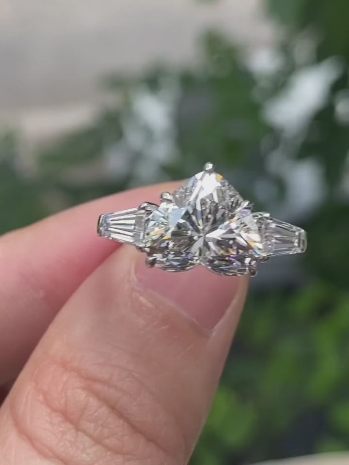 Heart-Cut Lab Diamond Three-Stone Engagement Ring with Tapered Baguette Side Stones