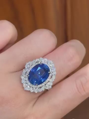 Oval Blue Sapphire & Diamond Double Halo Ring | Vintage Cocktail Ring