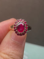 1 CT Oval Red Ruby Halo Ring in Yellow Gold | Vintage Ruby Statement Ring