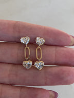 Heart Cut Lab Grown Diamond Paperclip Link Drop Earrings | 14K Gold Double Heart Dangle Earrings