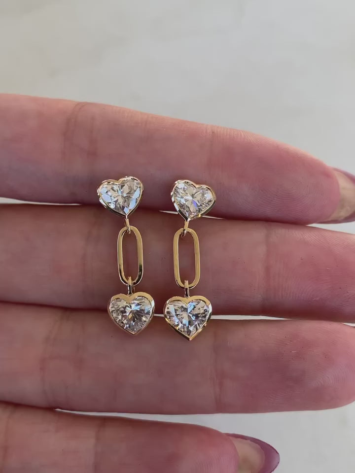 Heart Cut Lab Grown Diamond Paperclip Link Drop Earrings | 14K Gold Double Heart Dangle Earrings