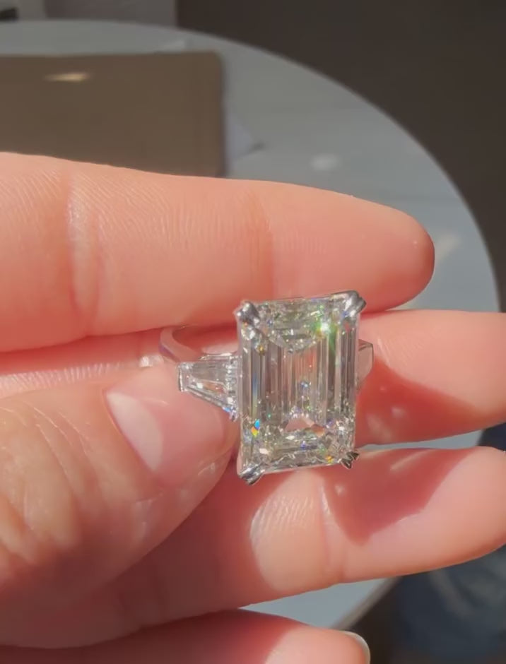 10 CT Emerald Cut Lab Grown Diamond Engagement Ring with Tapered Baguette Side Stones